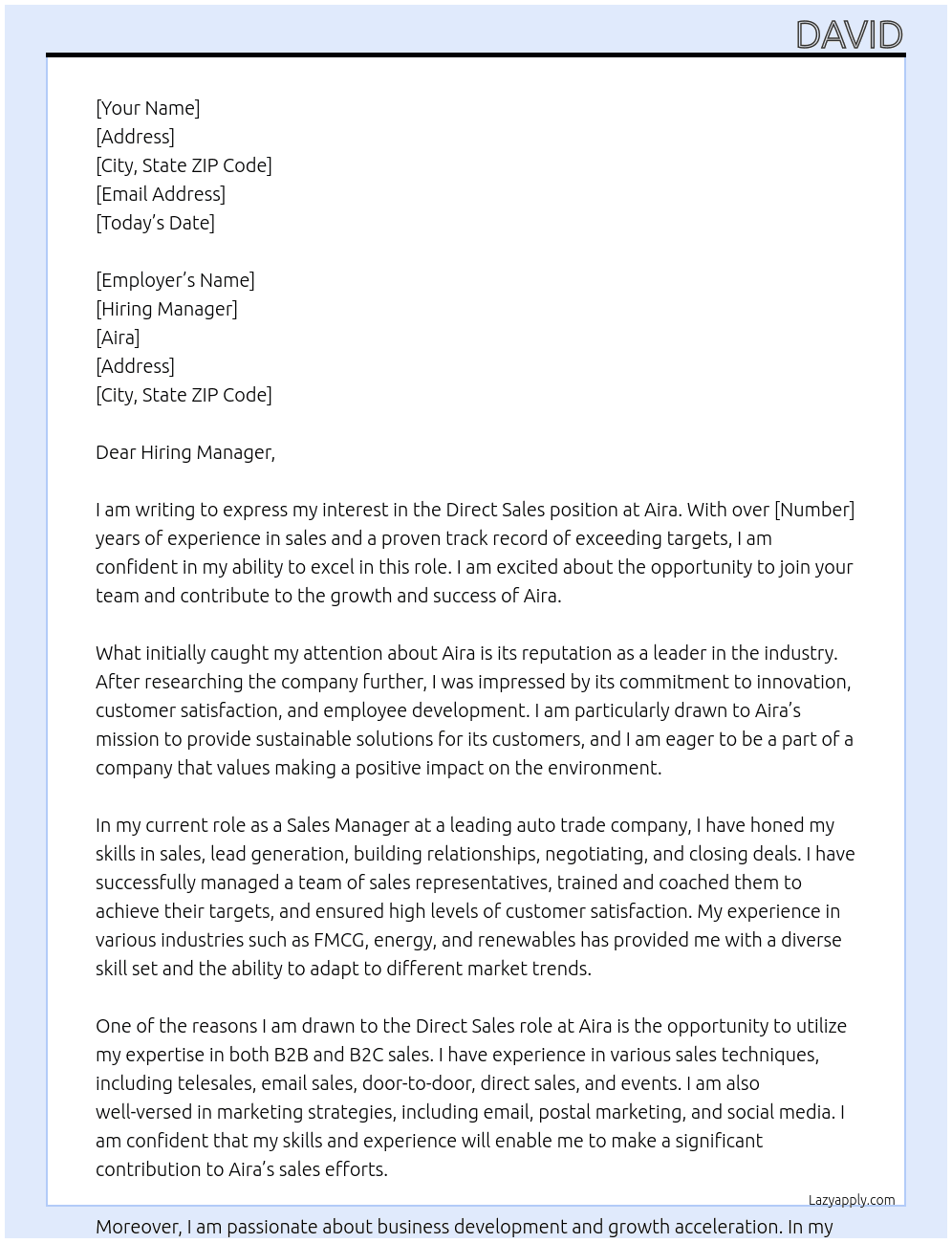 Direct sales At Aira Cover Letter