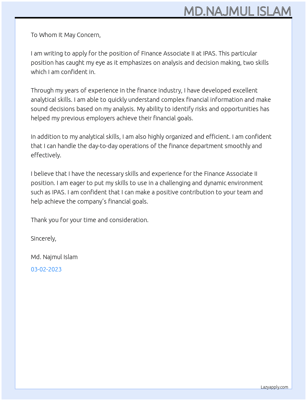Finance associates II At IPAS Cover Letter