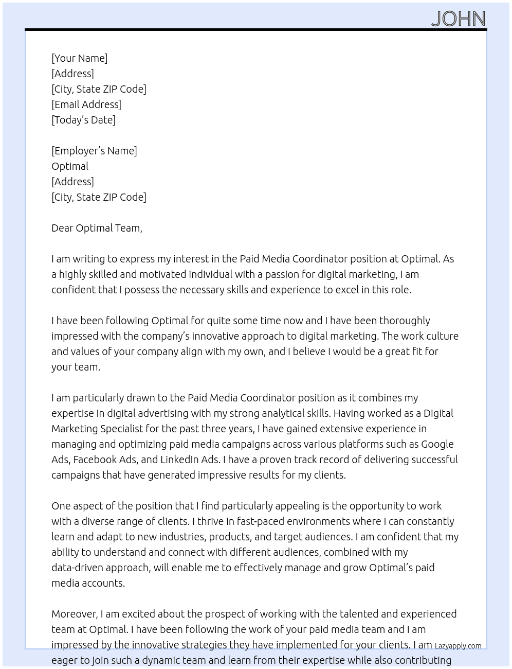 Paid Media Coordinator  At Optimal Cover Letter
