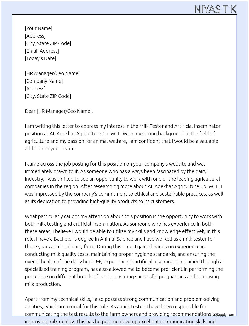 Milk tester and Artificial inseminator  At AL Adekhar Agriculture Co. WLL Cover Letter