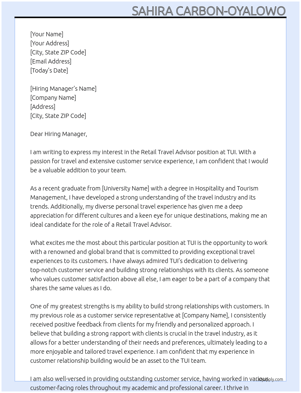 Retail Travel Advisor At TUI Cover Letter
