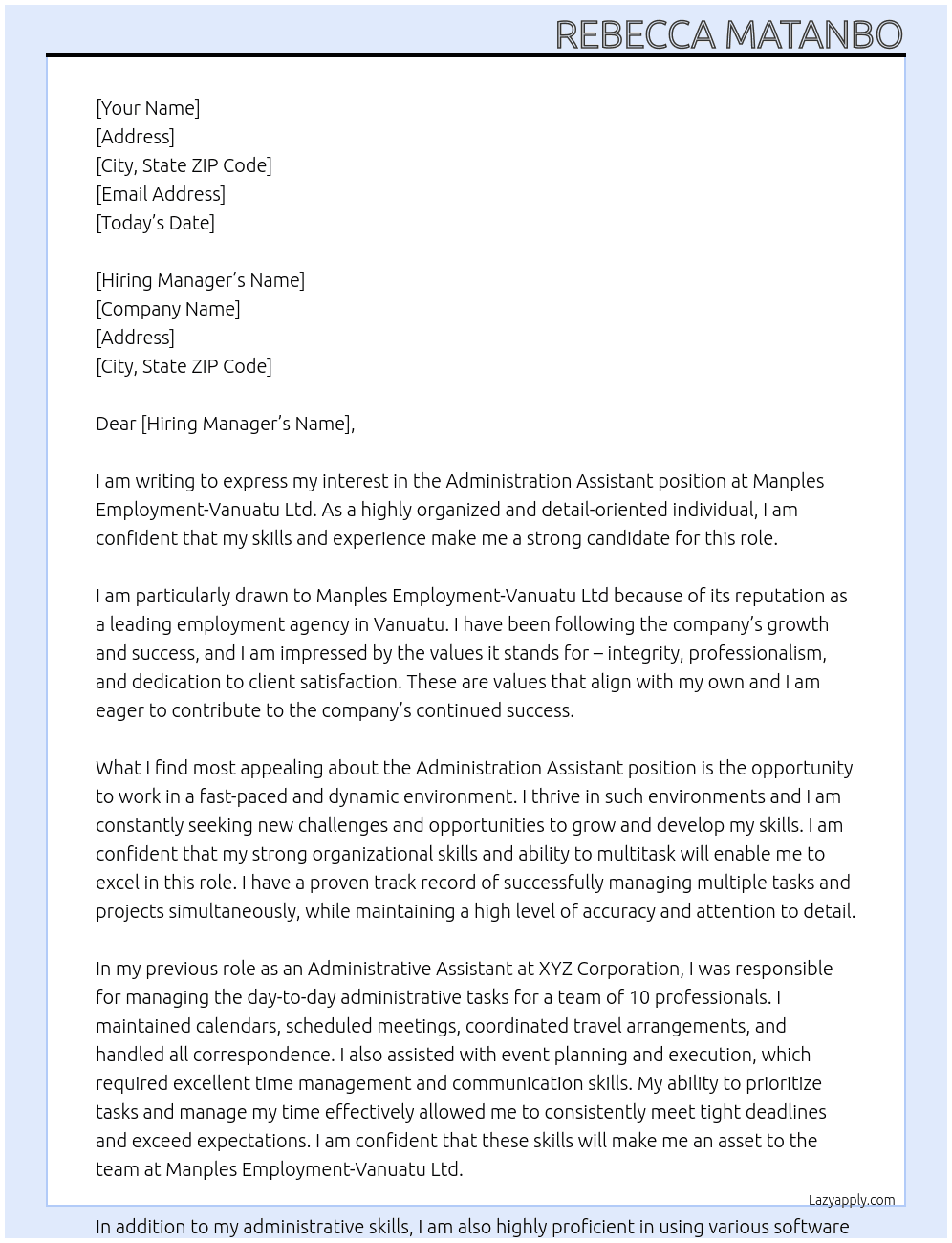 Administration Assistant At Manples Employment-Vanuatu Ltd Cover Letter