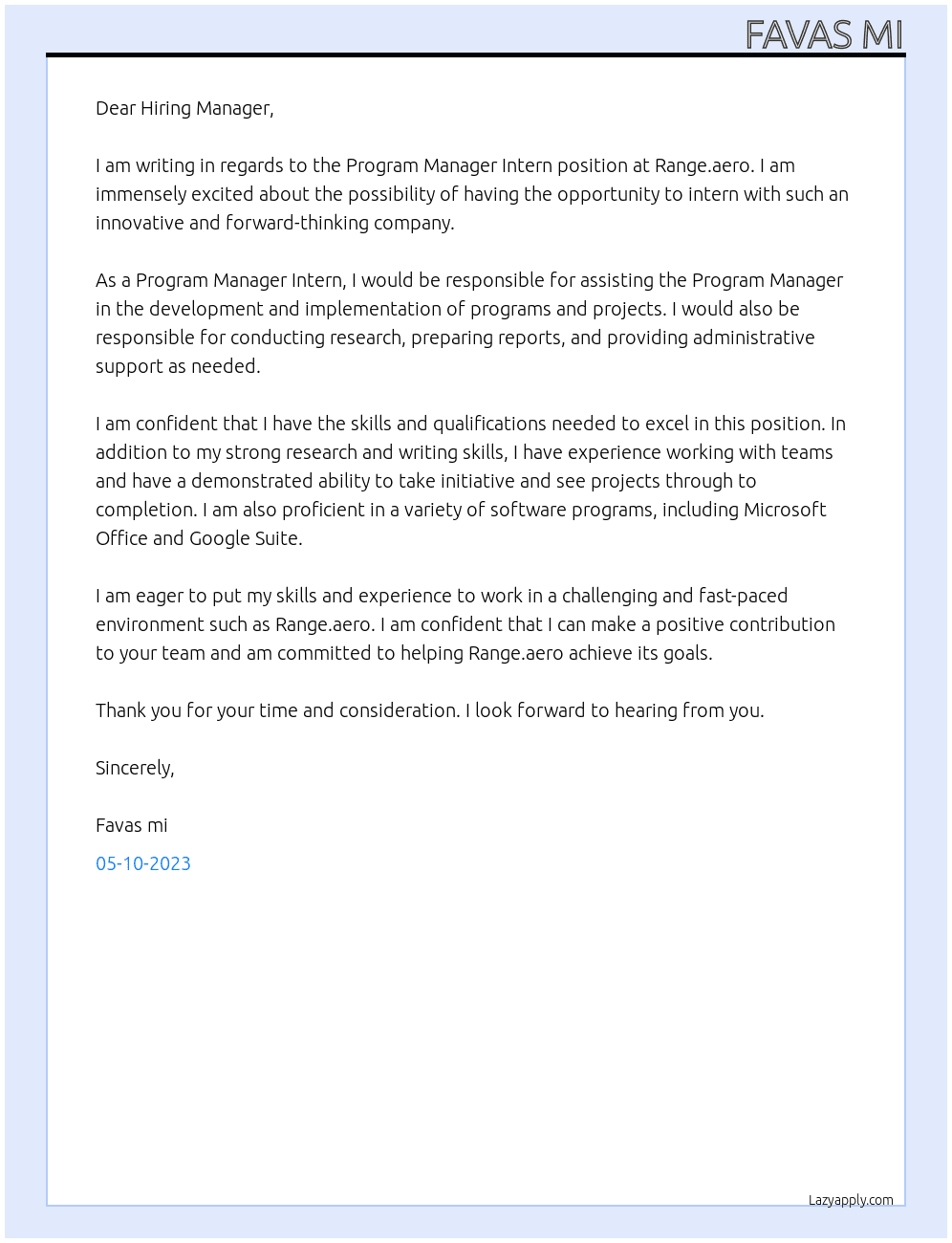 Program manager intern  At Range.aero Cover Letter