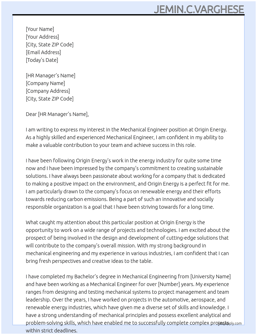 Mechanical engineer  At Origin Energy  Cover Letter