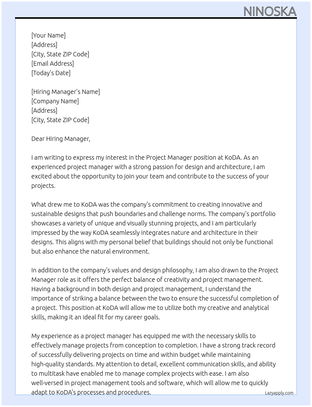 Project Manager At KoDA Cover Letter