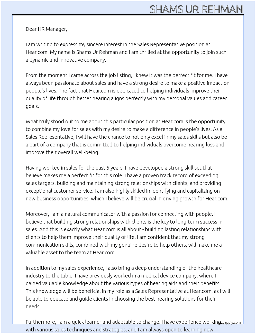 Sales Representative  At Hear.com Cover Letter