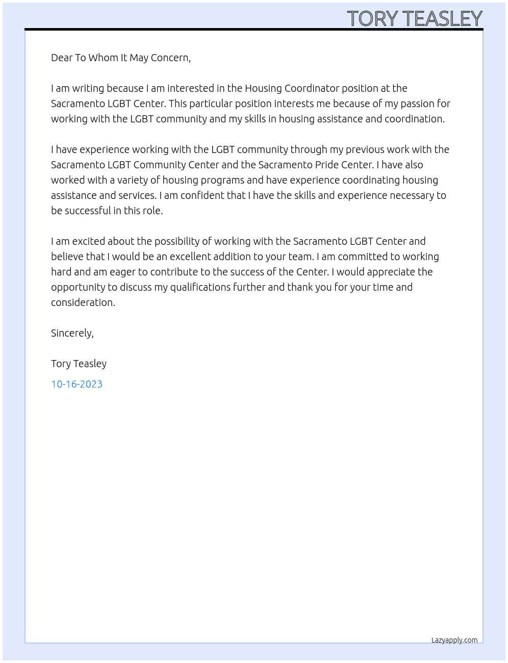 Housing Coordinator  At Sacramento LGBT Center  Cover Letter