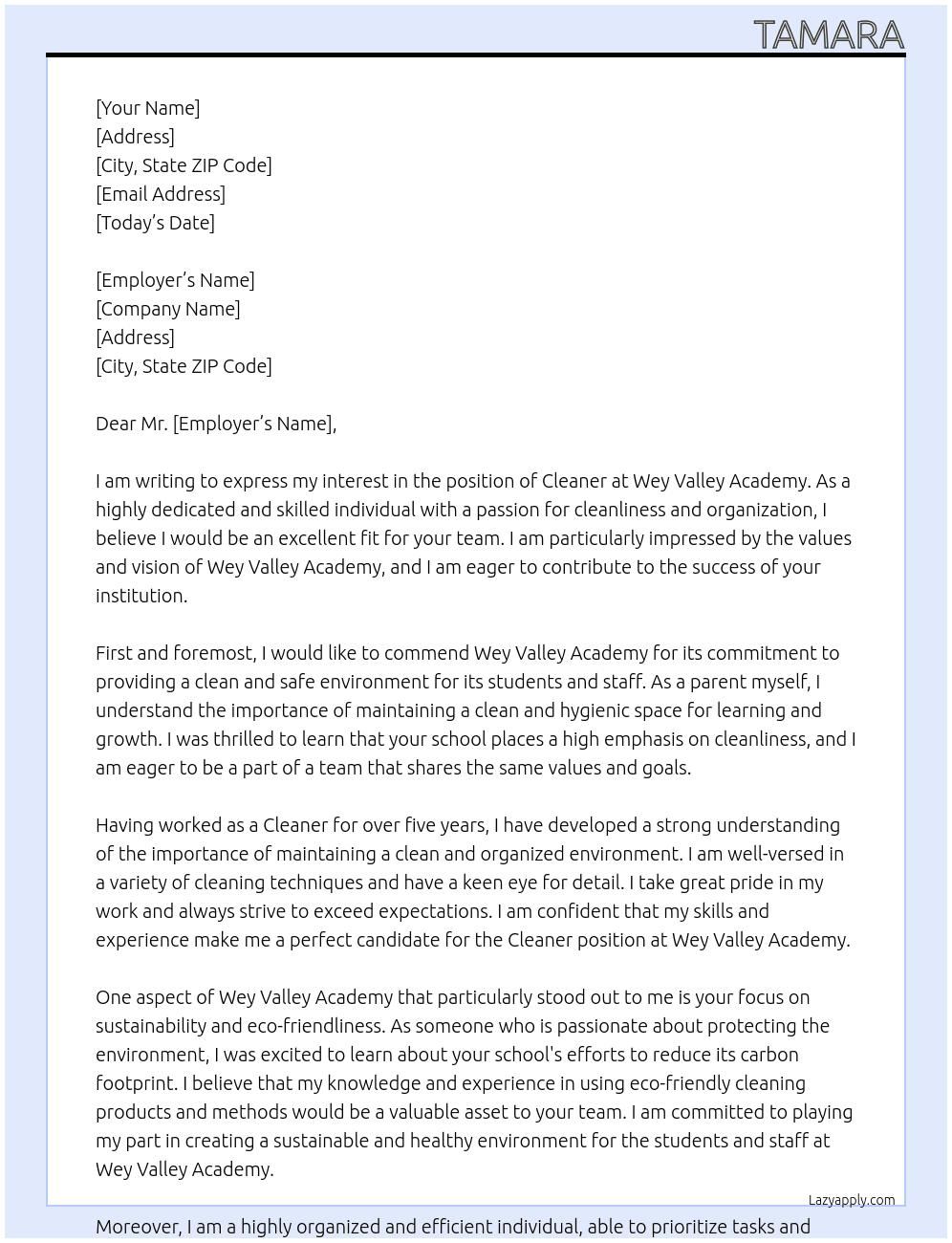 Cleaner At Wey valley academy Cover Letter