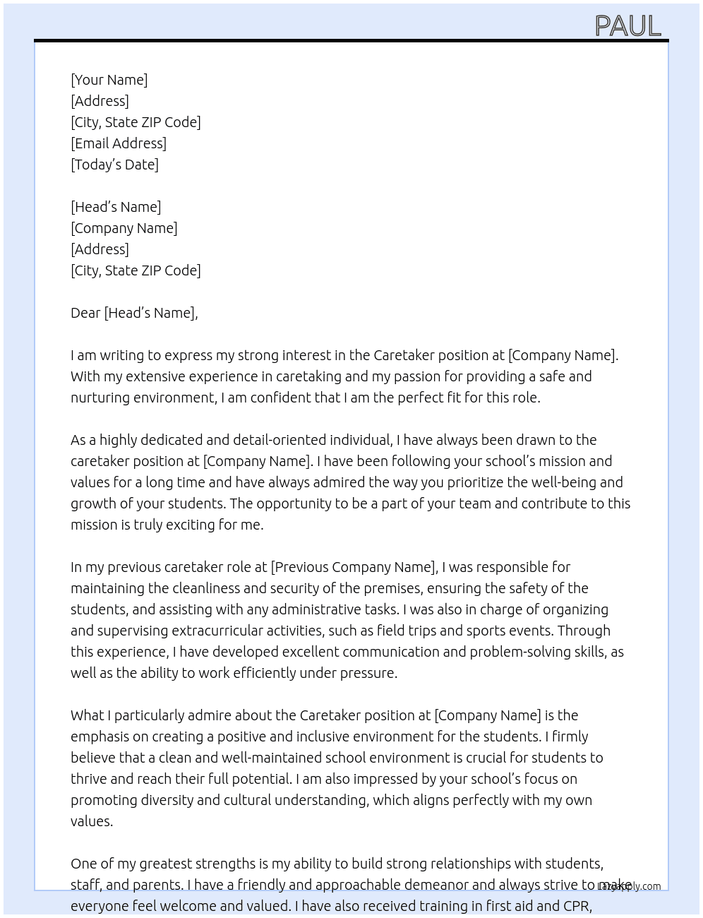 Caretaker  At School  Cover Letter