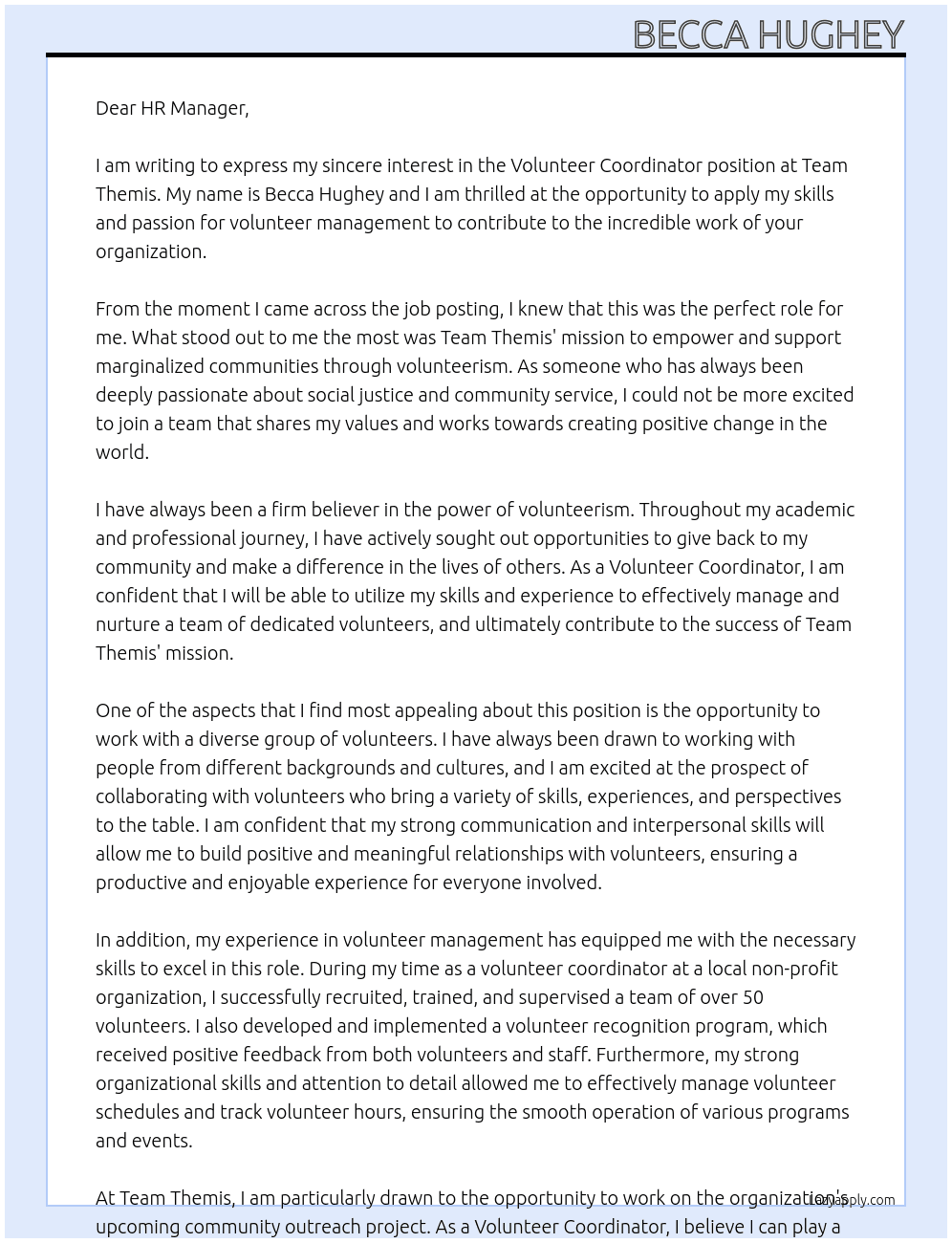 Volunteer coordinator  At Team Themis  Cover Letter