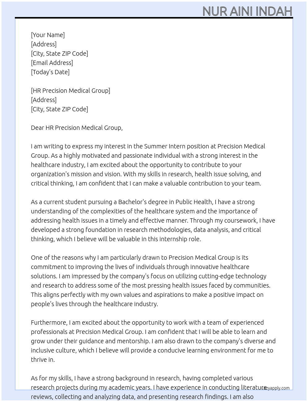 Summer intern At Precision Medical Group  Cover Letter