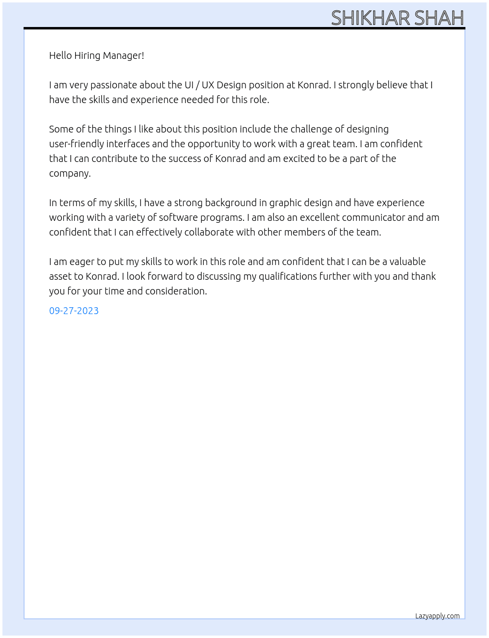 UI / UX Design At Konrad Cover Letter