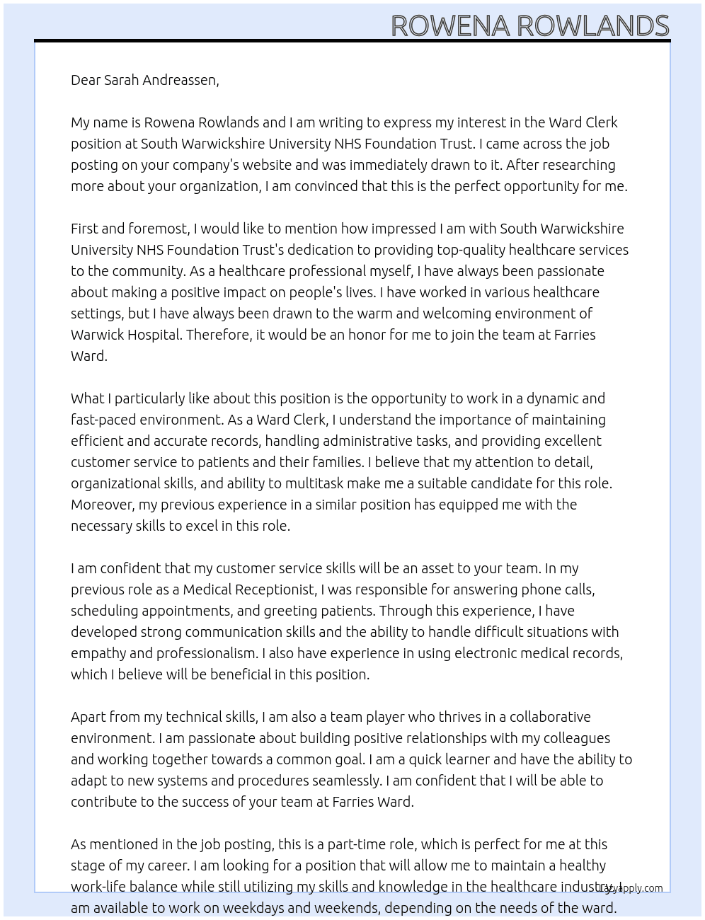 Ward Clerk At South Warwickshire University NHS Foundation Trust Cover Letter