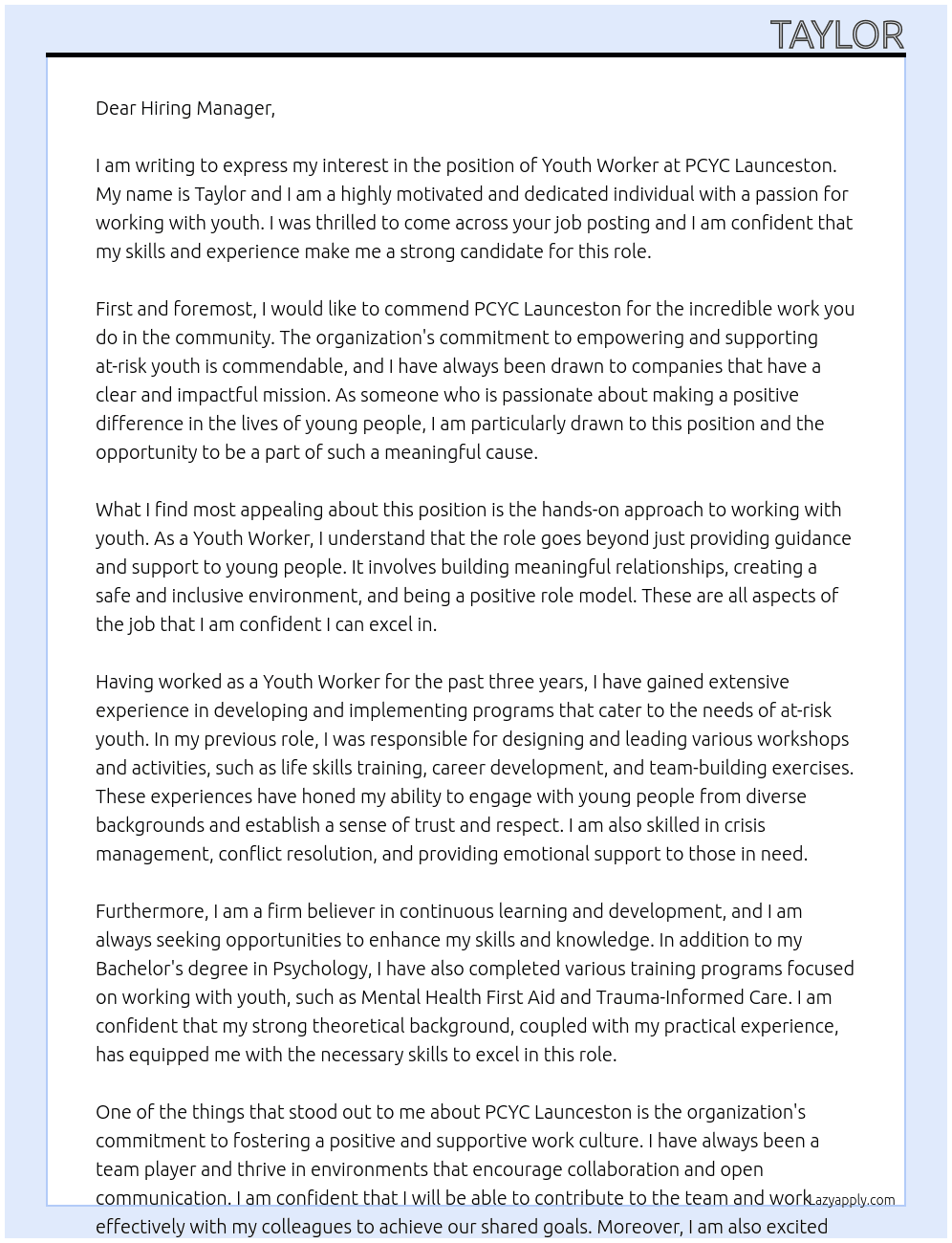 Youth Worker At PCYC Launceston  Cover Letter