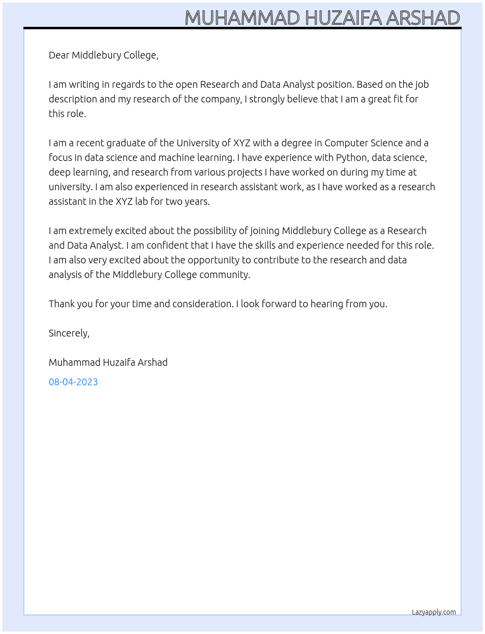 Research and Data Analyst At Middlebury College Cover Letter