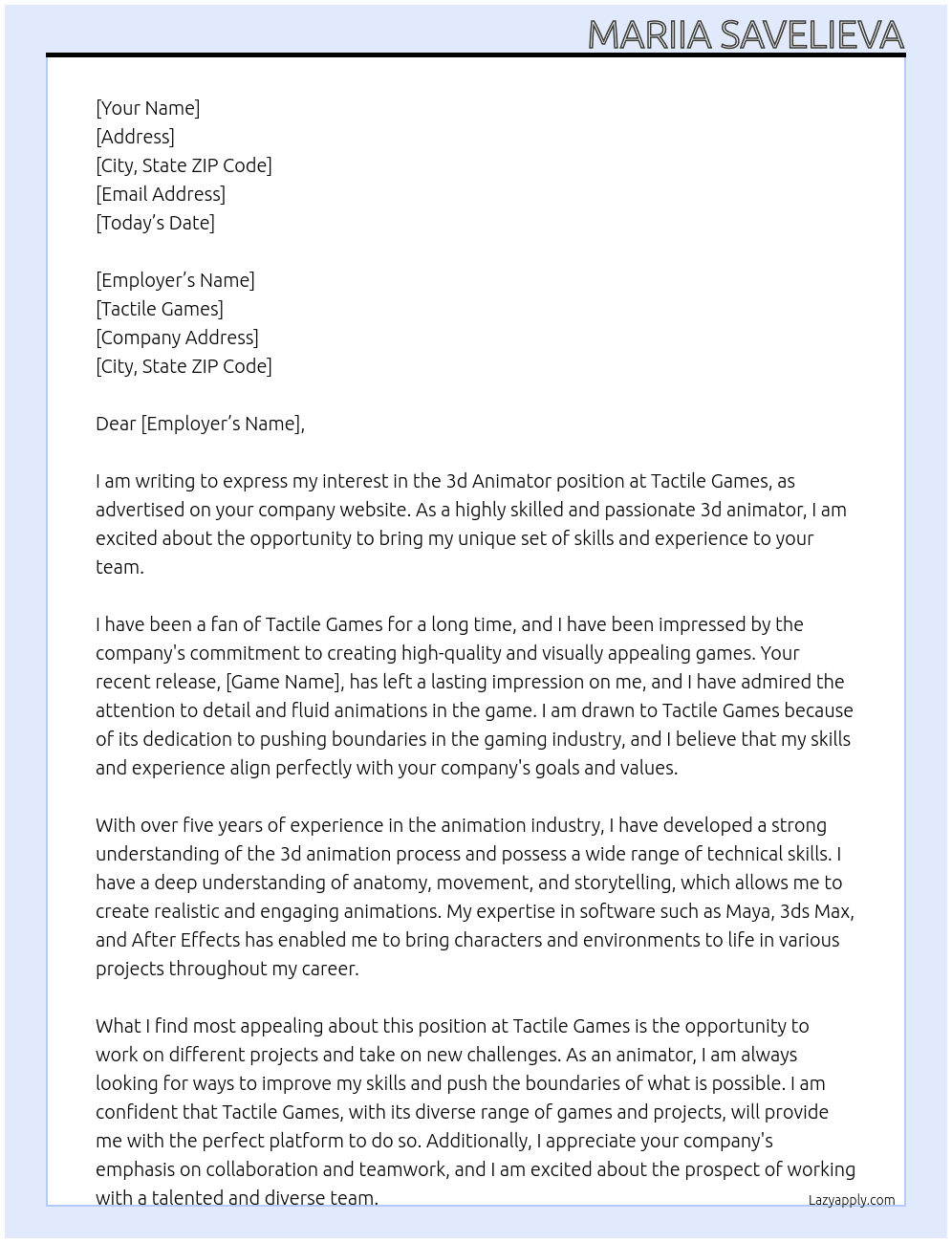 3d Animator At Tactile Games Cover Letter
