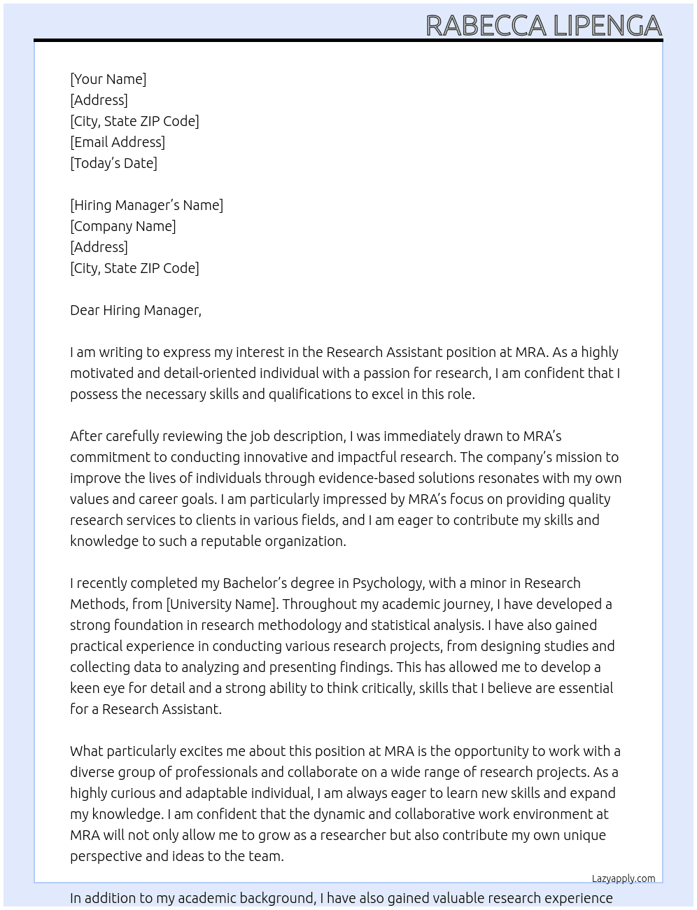 Research assistant  At MRA  Cover Letter