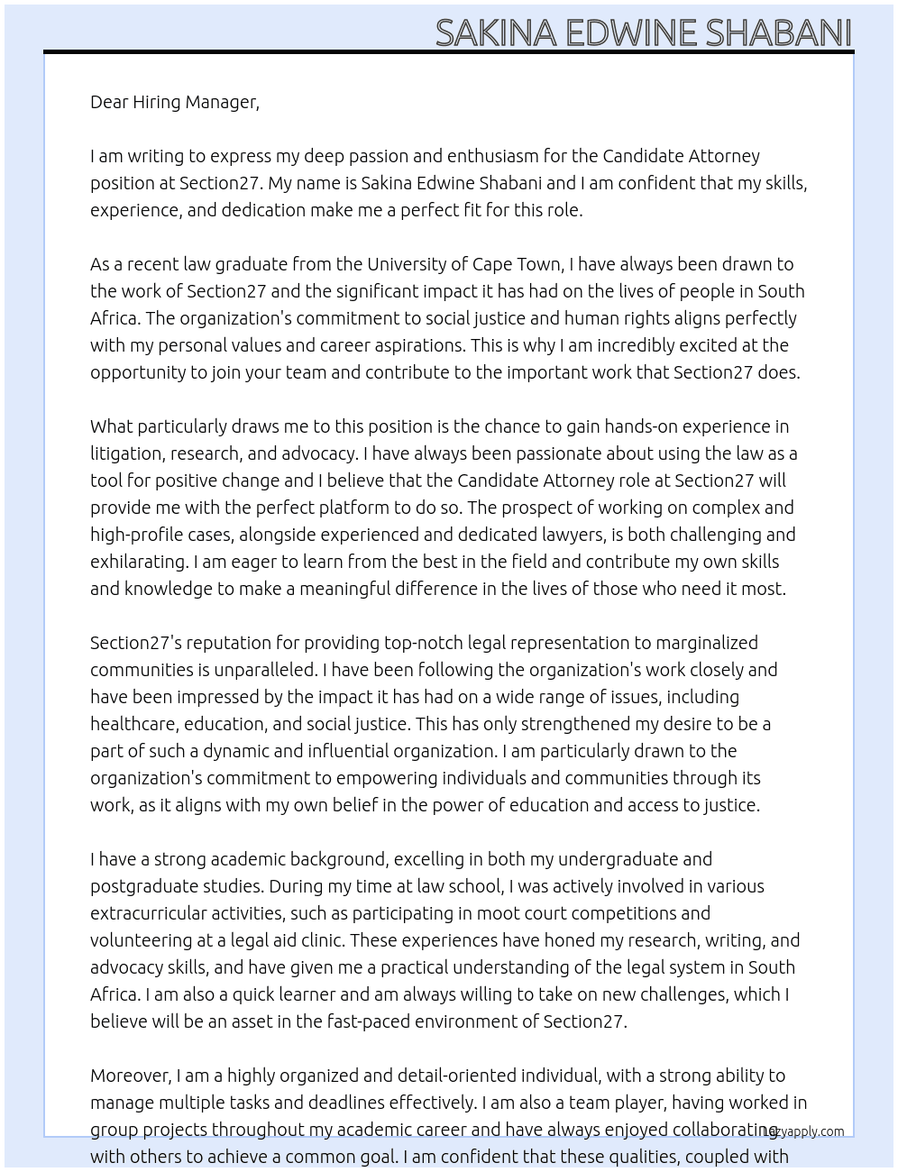 Candidate Attorney At Section27 Cover Letter