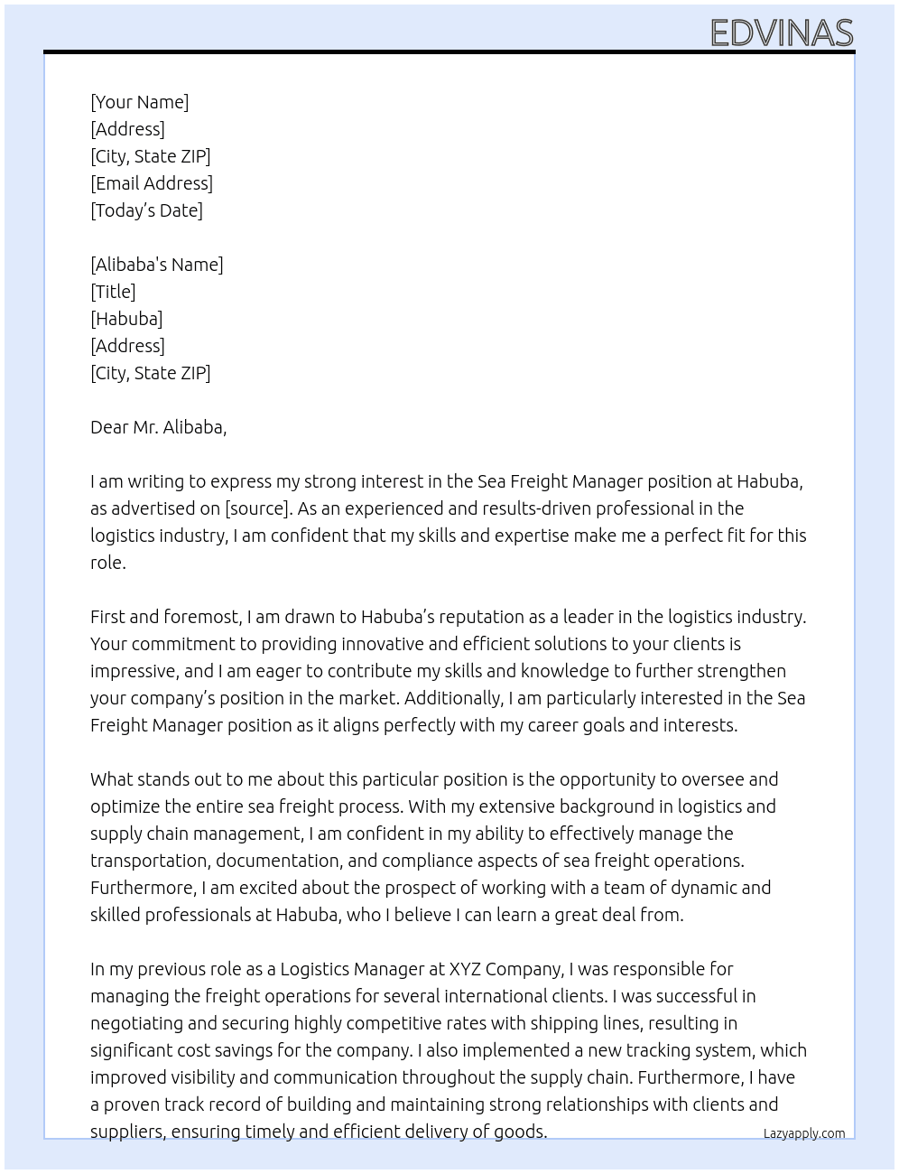Sea freight manager At Habuba Cover Letter