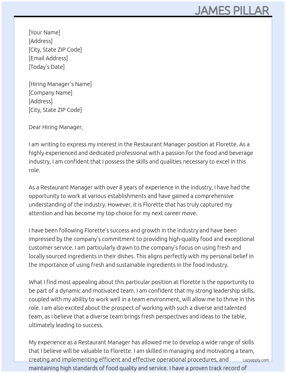Restaurant Manager  At Florette Cover Letter