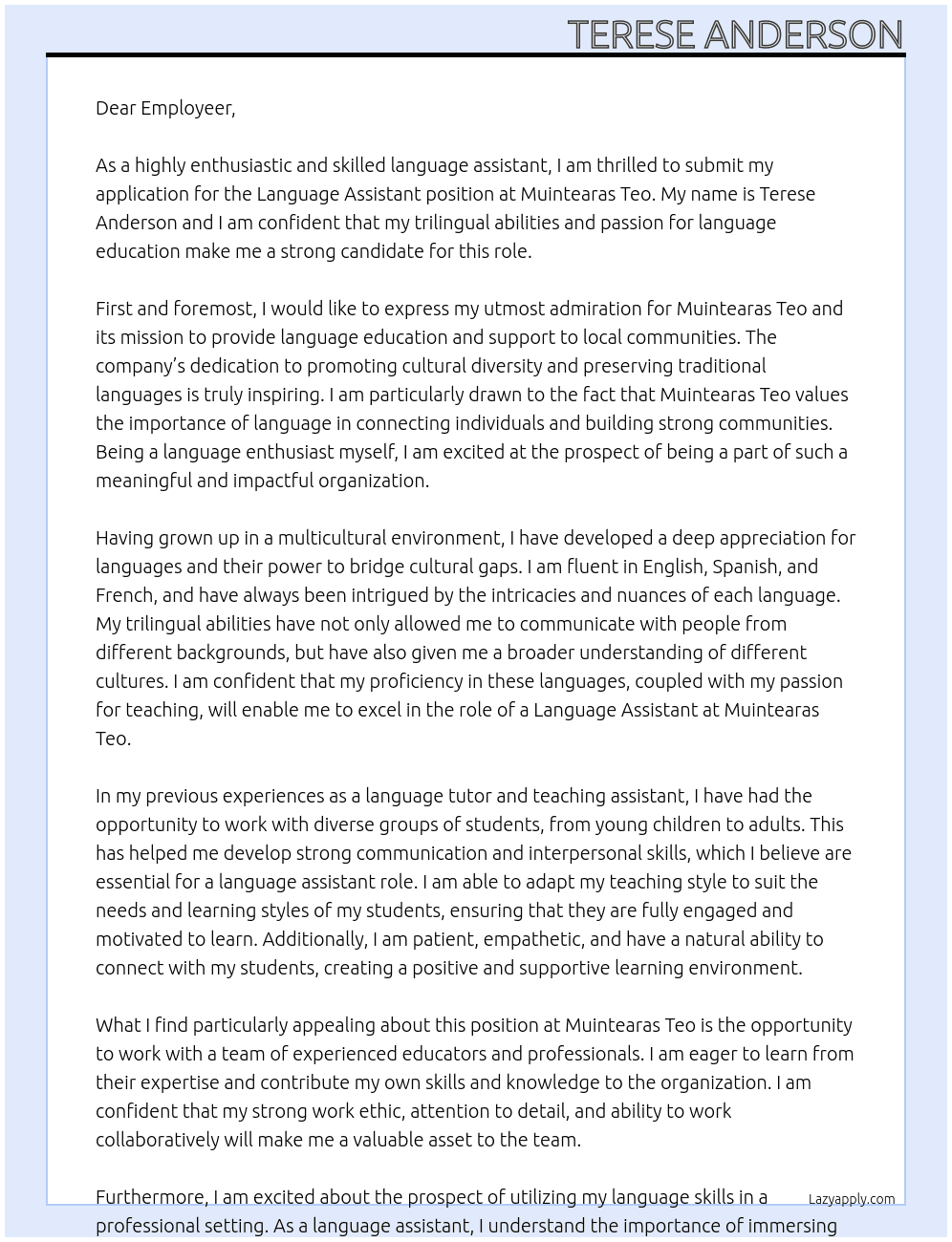 Language Assistant At Muintearas Teo Cover Letter