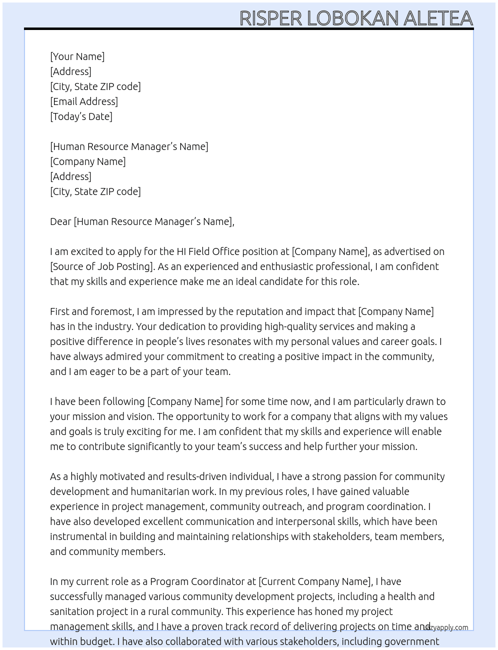 HI FIELD OFFICE At RISPER LOBOKAN ALETEA Cover Letter