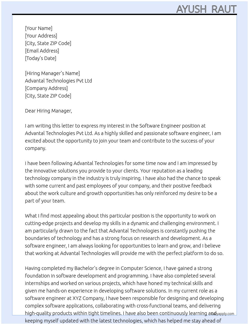 Software Engineer At Advantal Technologies Pvt Ltd  Cover Letter