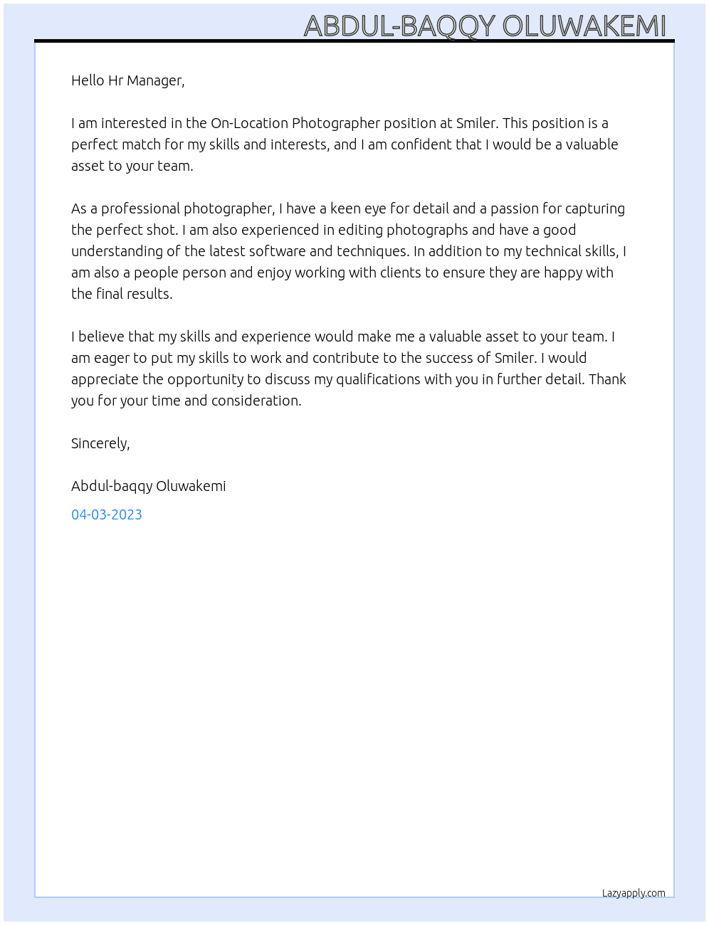 On-Location Photographer  At Smiler Cover Letter