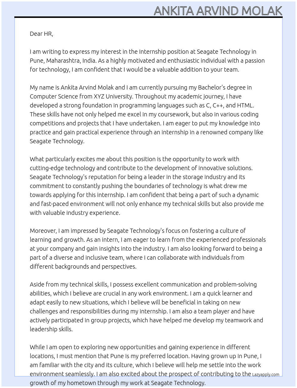 Intern At Seagate Technology · Pune, Maharashtra, India Cover Letter