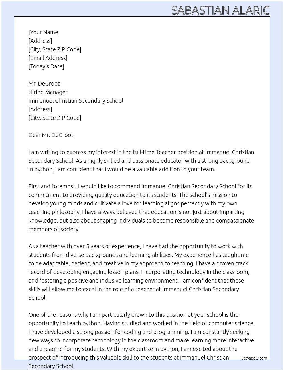 Teacher At Immanuel Christian Secondary School Cover Letter