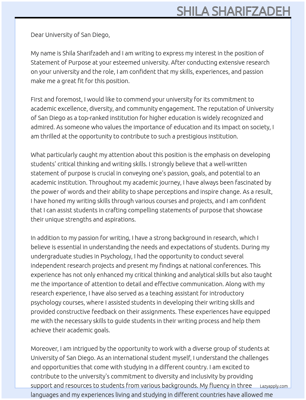 Statement of Purpose At university of San Diego Cover Letter