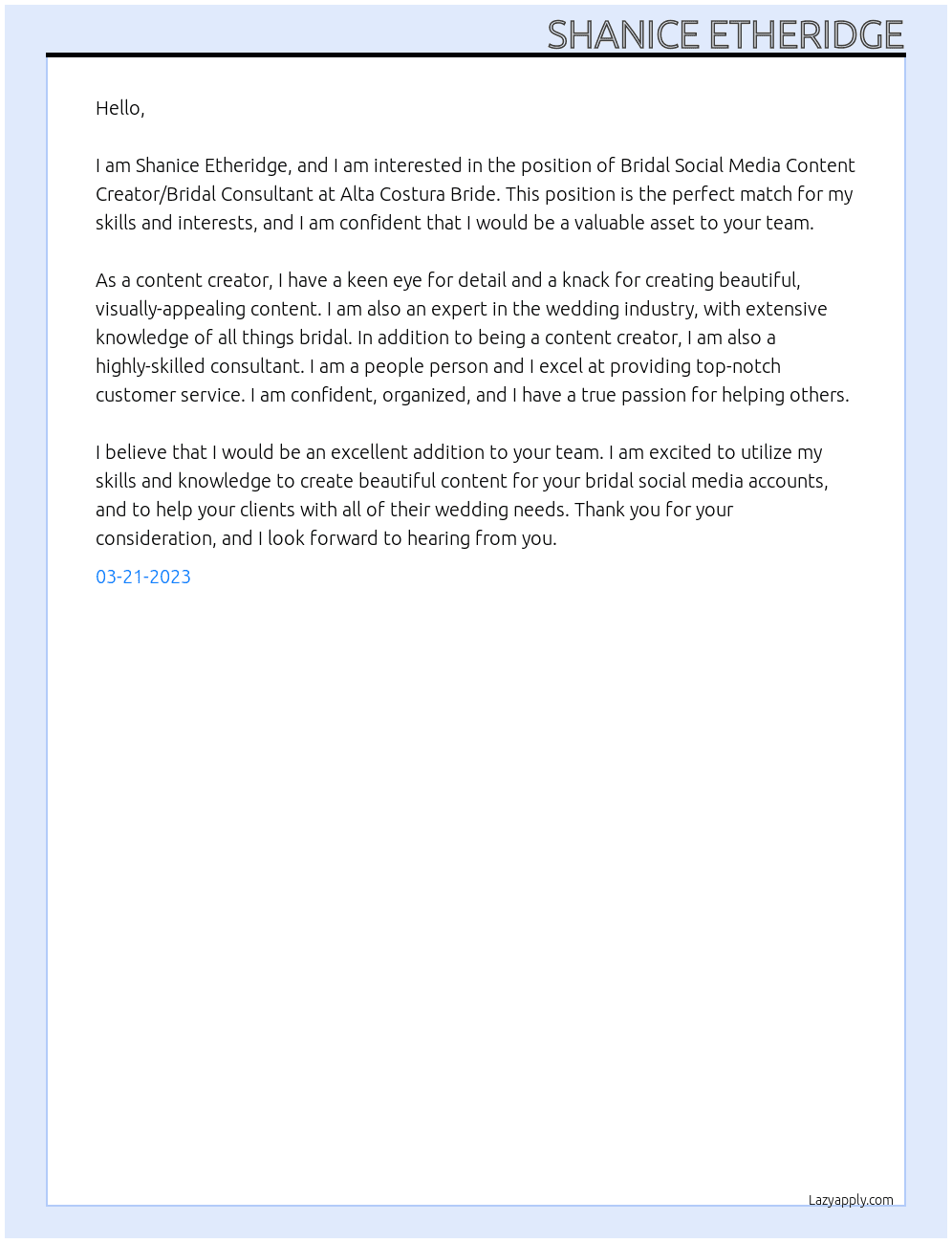 Bridal Social Media Content Creator/Bridal Consultant At Alta Costura Bride Cover Letter