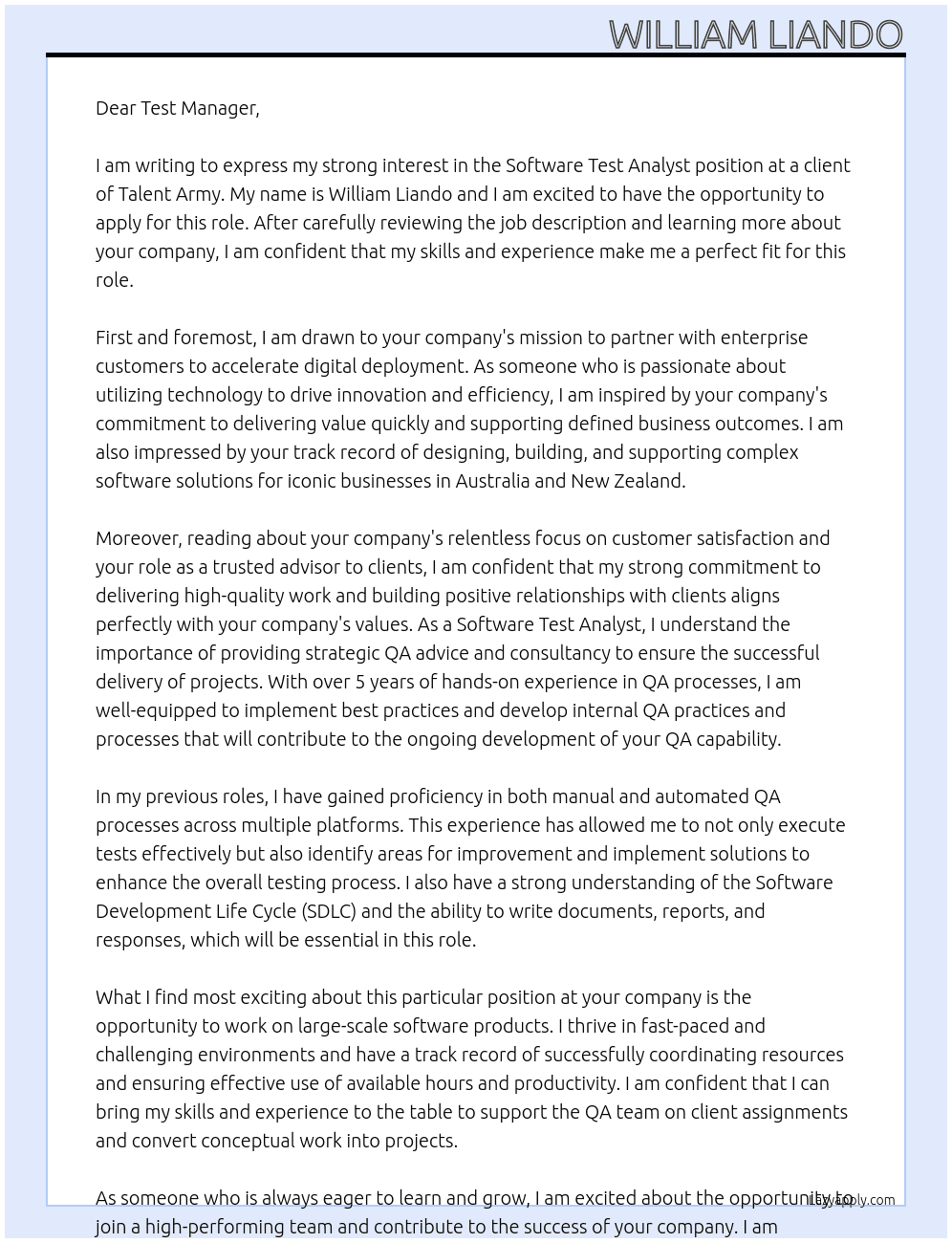 Software Test Analyst At A client of Talent Army Cover Letter
