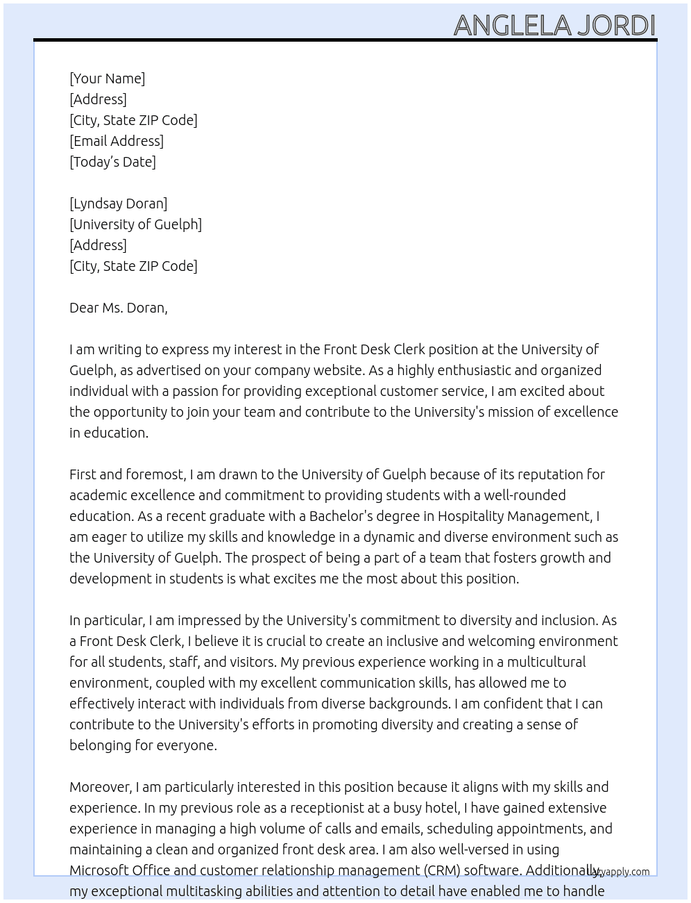 Front Desk Clerk At Univeristy Of Guelph Cover Letter