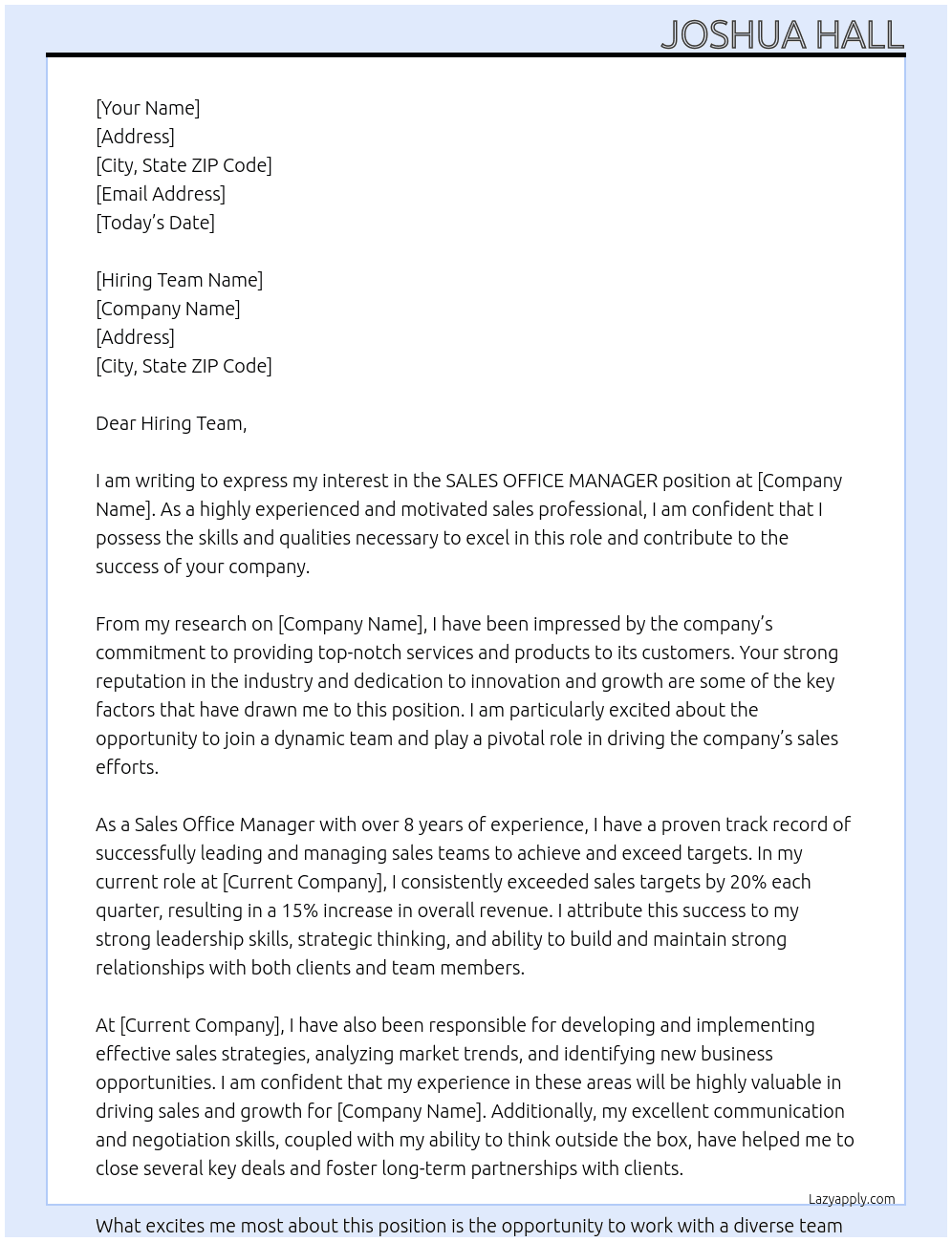 SALES OFFICE MANAGER  At SALES OFFICE MANAGER  Cover Letter