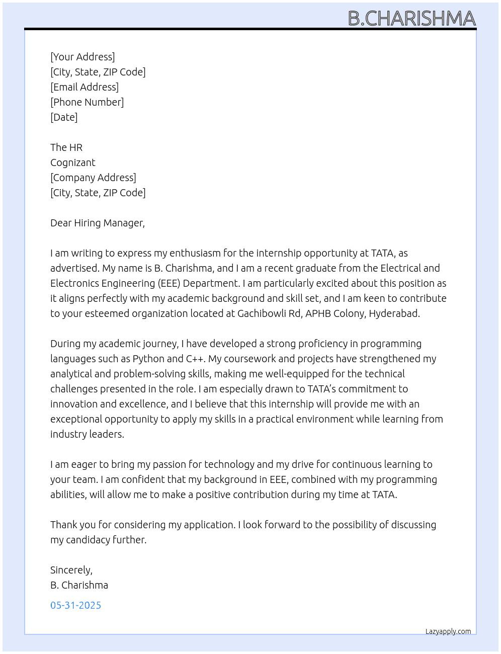 Cover letter for job application for fresher from eee department - LazyApply