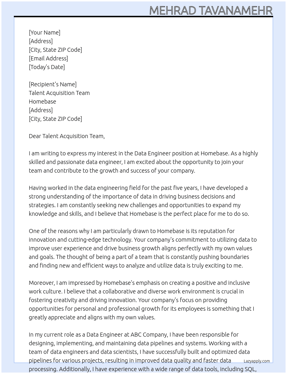 Data engineer  At Homebase Cover Letter