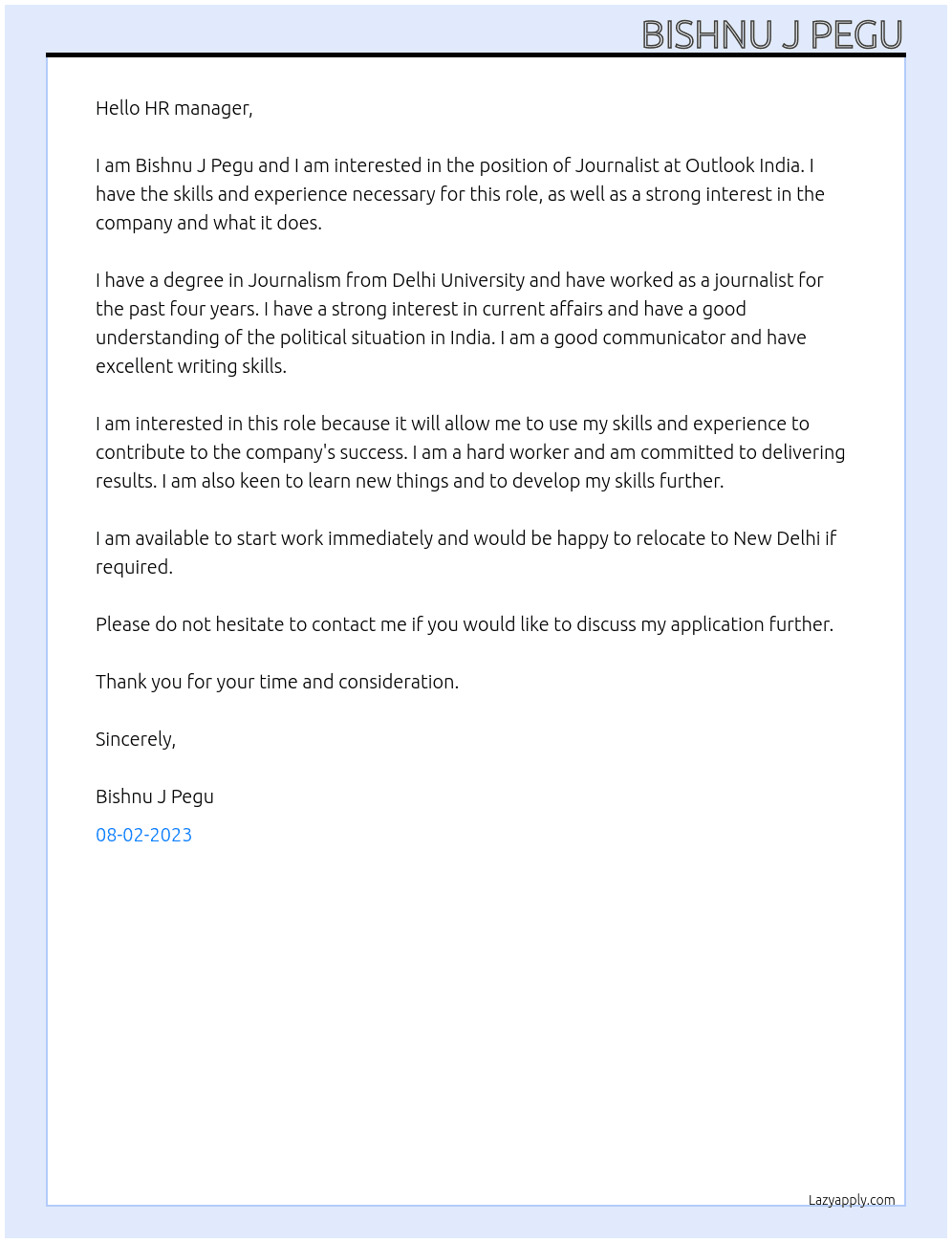 Journalist  At Outlook India Cover Letter