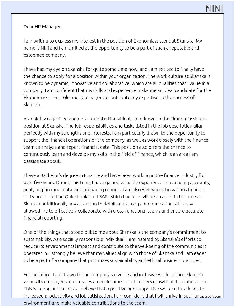 Ekonomiassistent At Skanska Cover Letter