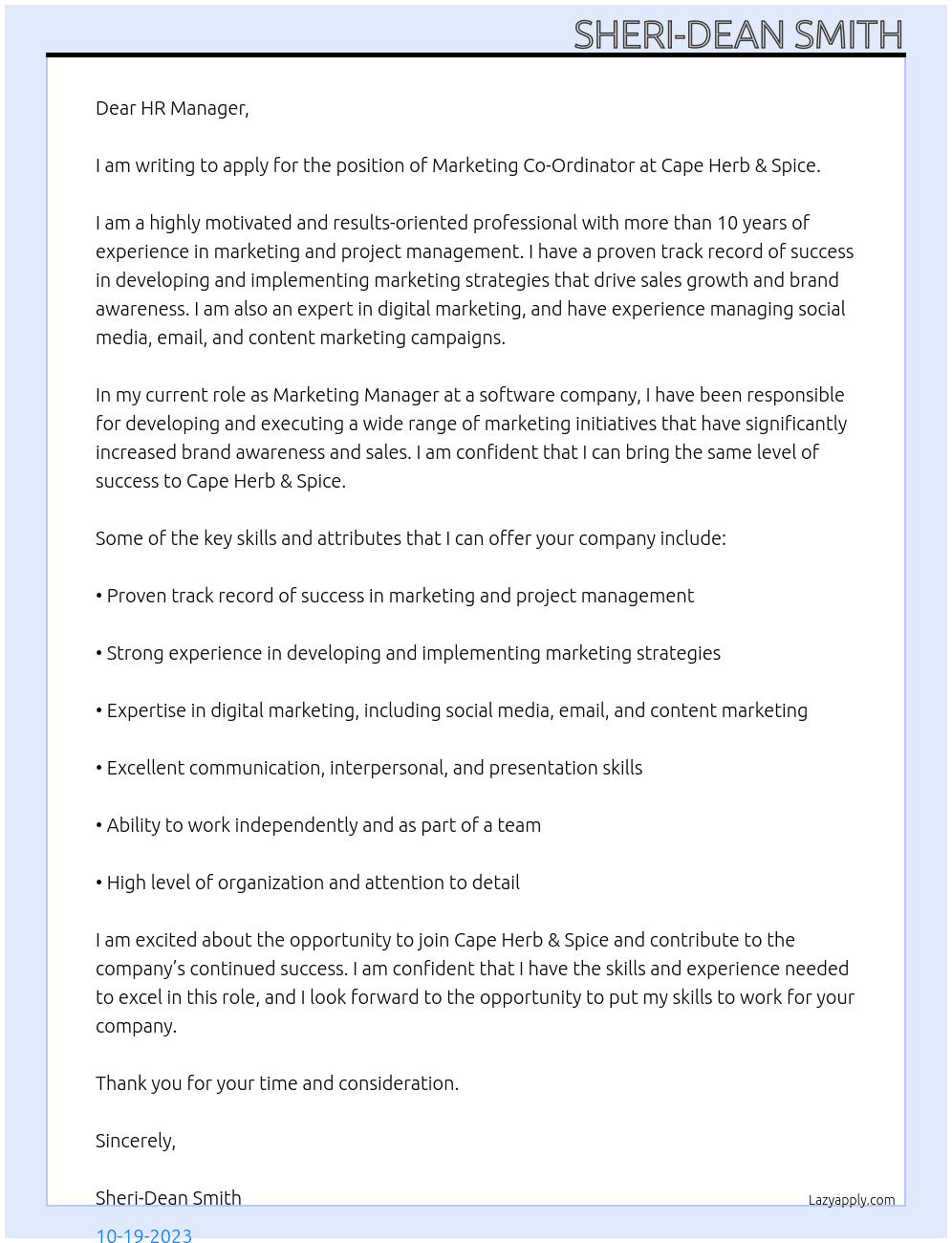 Marketing Co-Ordinator At Cape Herb & Spice Cover Letter