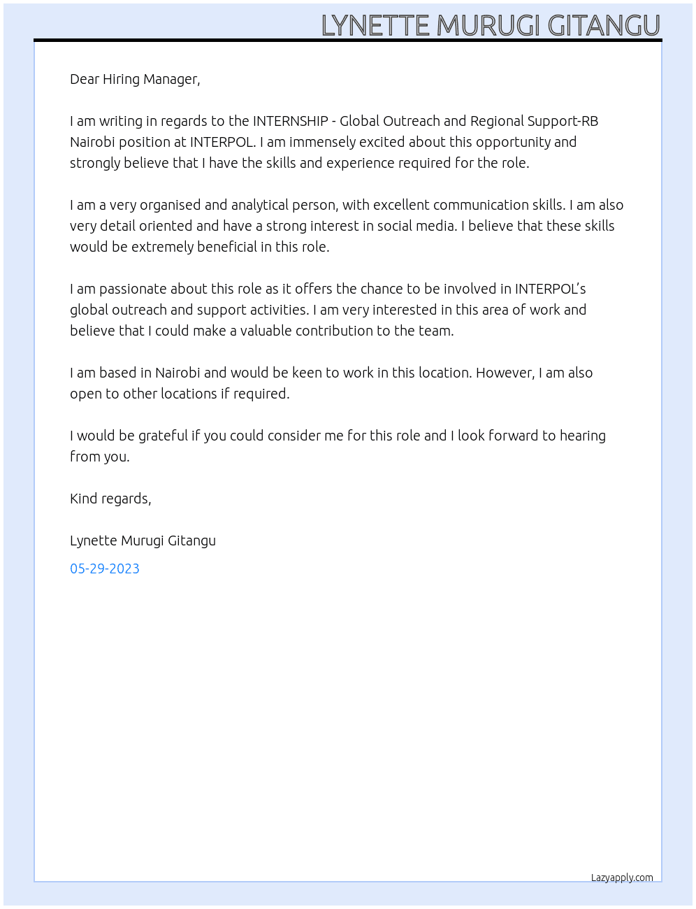  INTERNSHIP - Global Outreach and Regional Support-RB Nairobi At INTERPOL Cover Letter