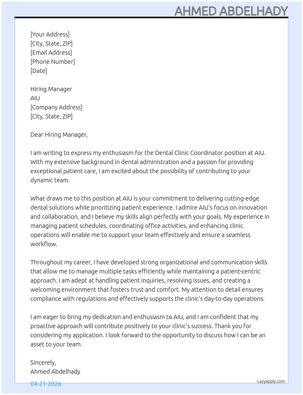 Dental Clinic coordinator At AIU Cover Letter