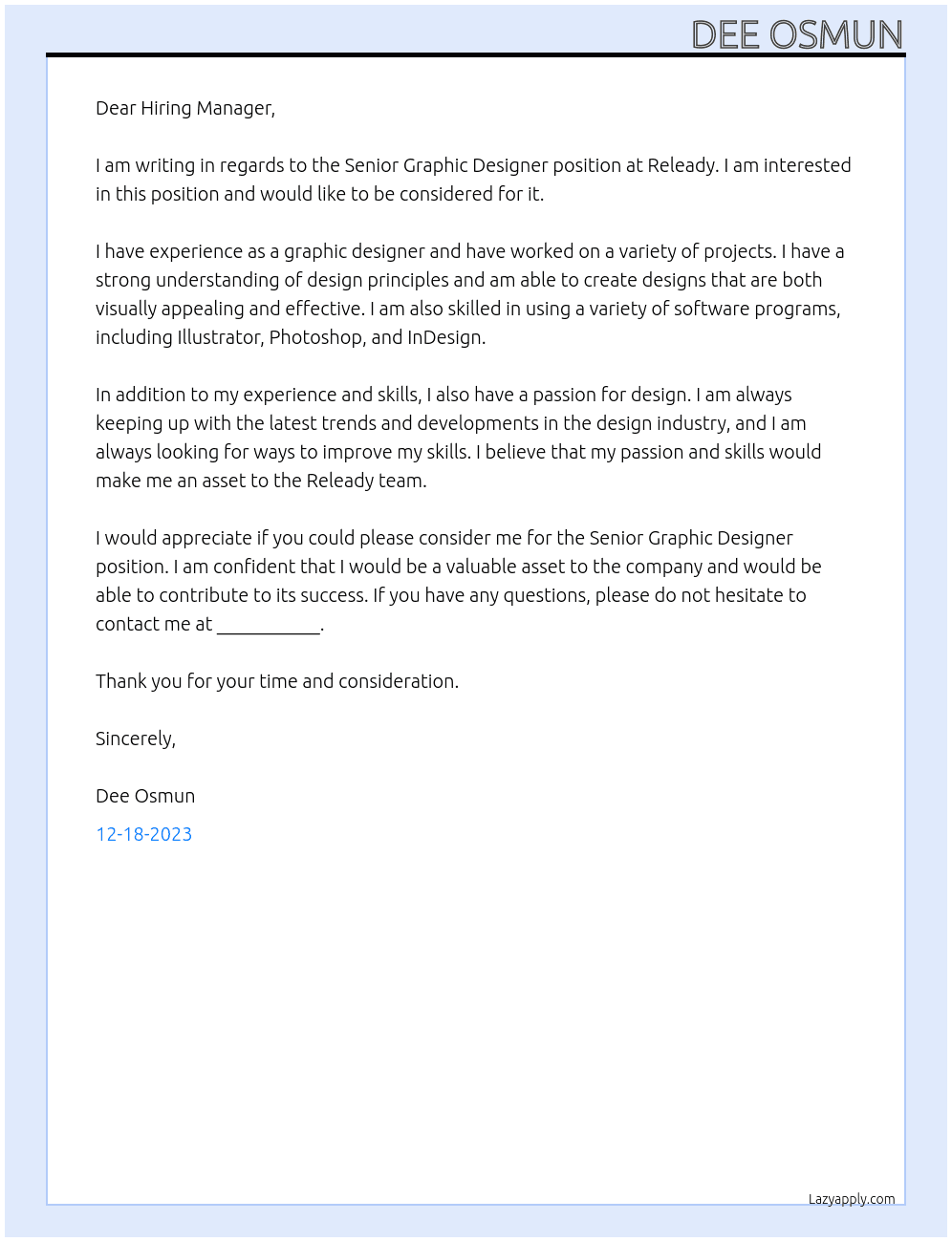 Senior Graphic Designer At Releady Cover Letter