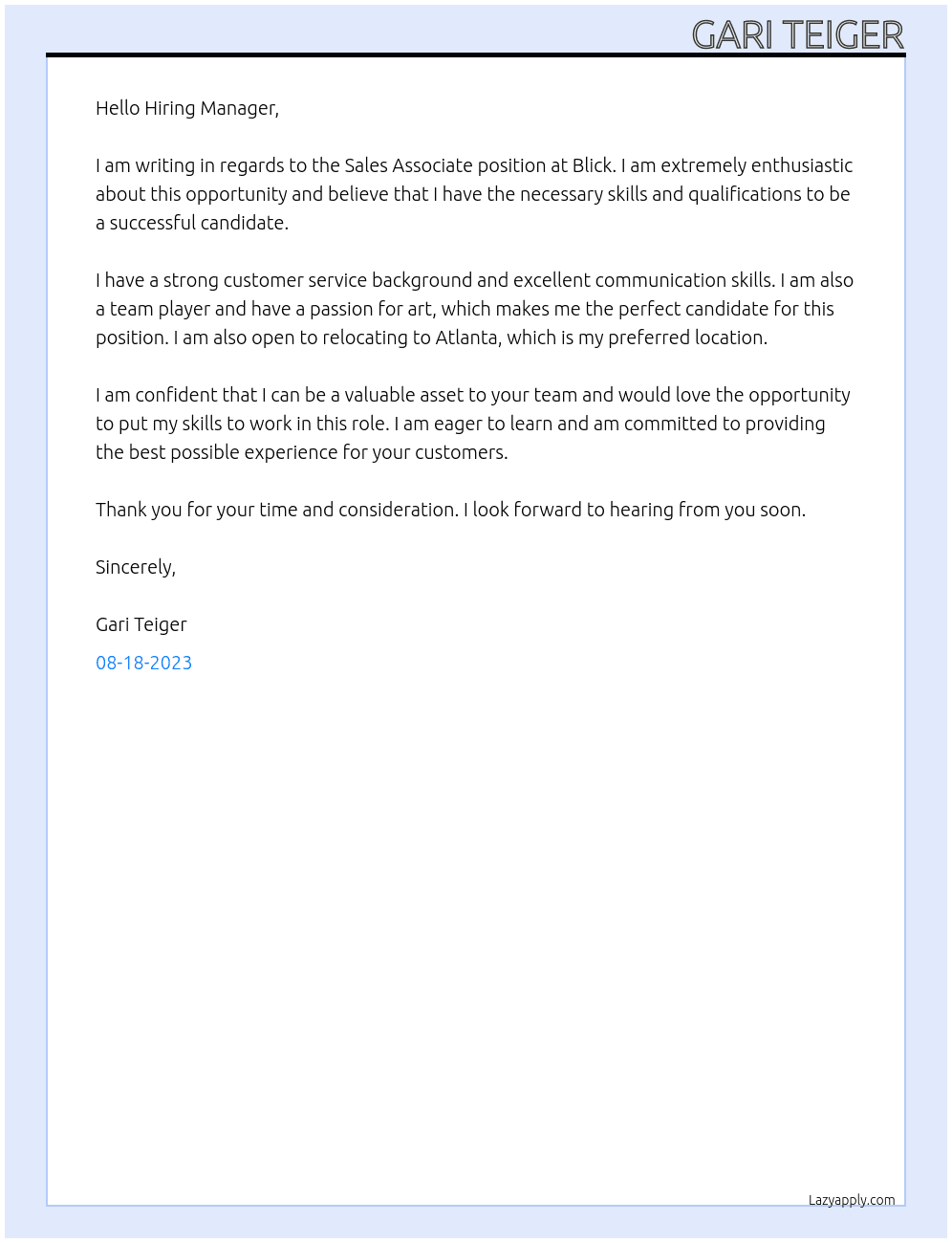 Sales Associate  At Blick Cover Letter