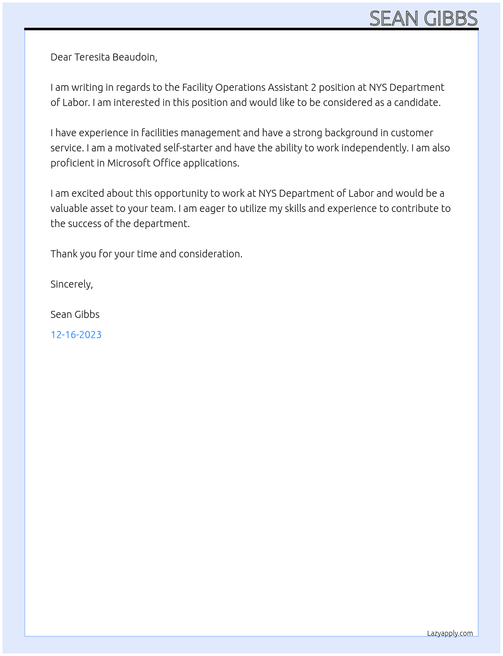 Facility Operations Assistant 2 At NYS Department of Labor Cover Letter
