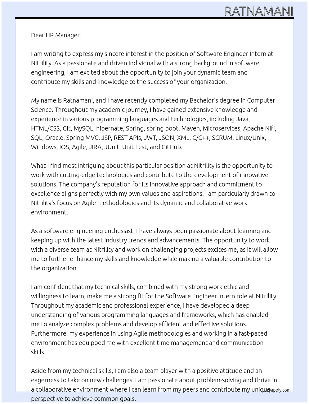 Software Engineer Intern At Nitrility Cover Letter