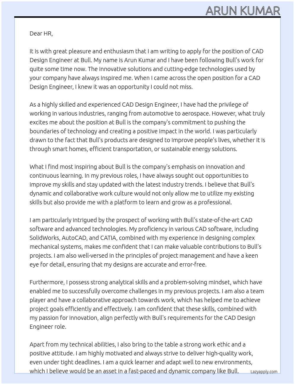CAD Design Engineer At Bull Cover Letter