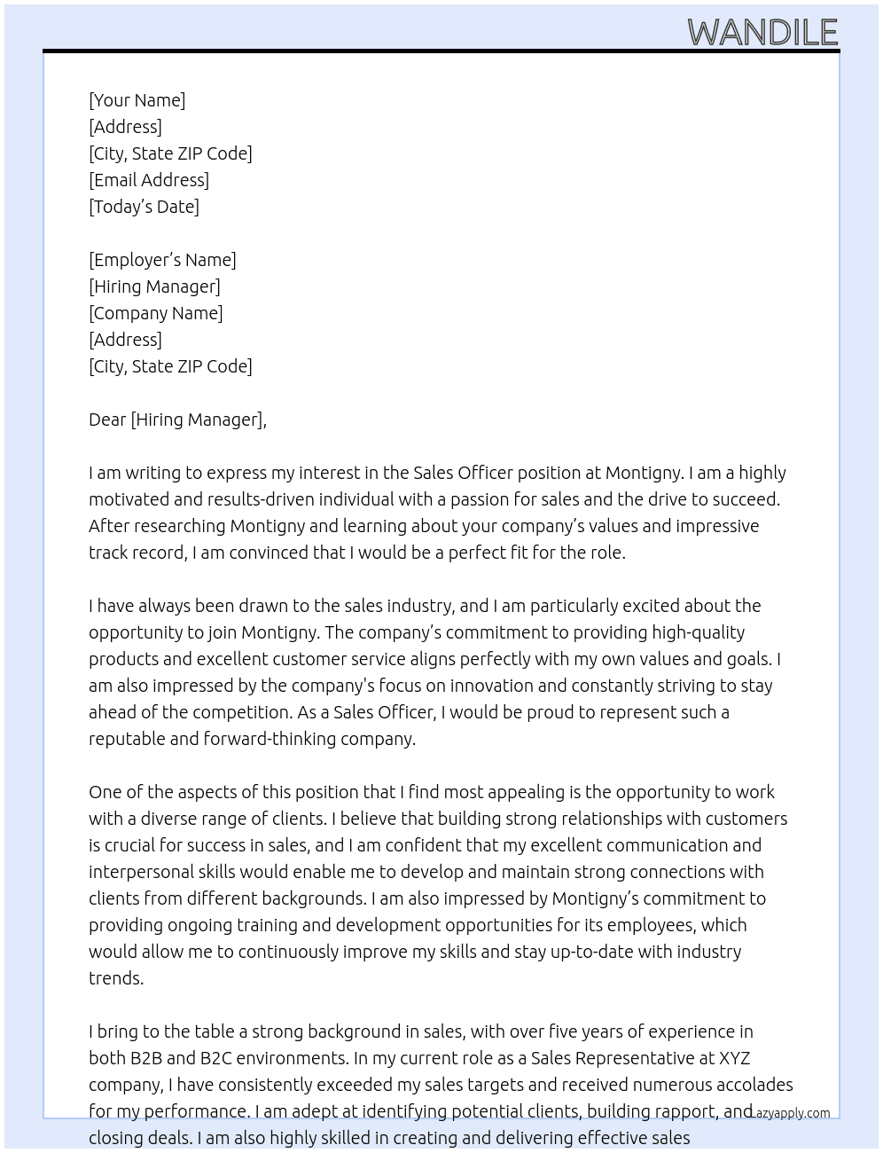 sales officer At Montigny Cover Letter
