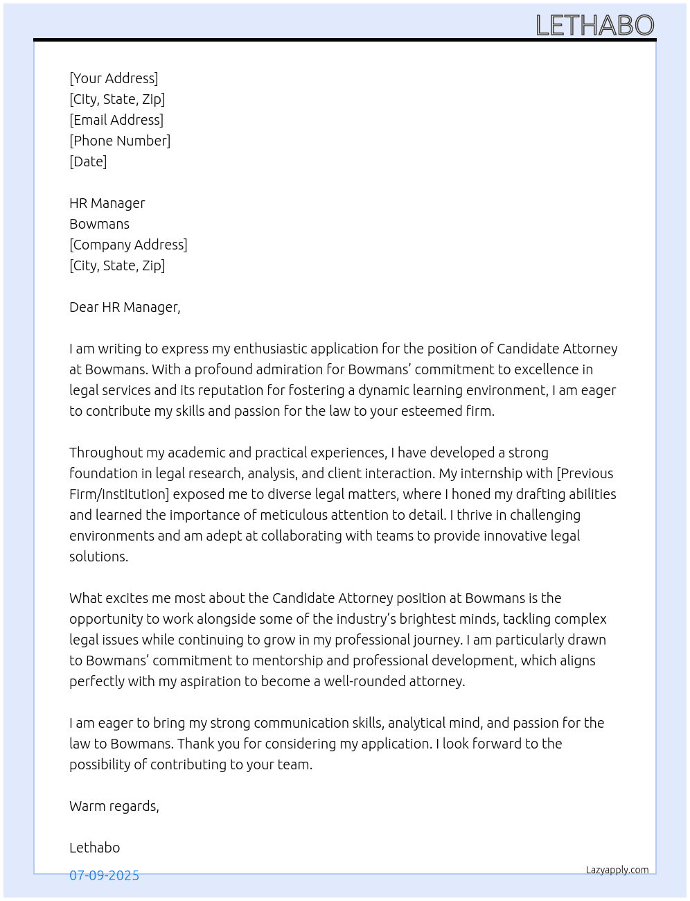 candidate attorney At bowmans Cover Letter