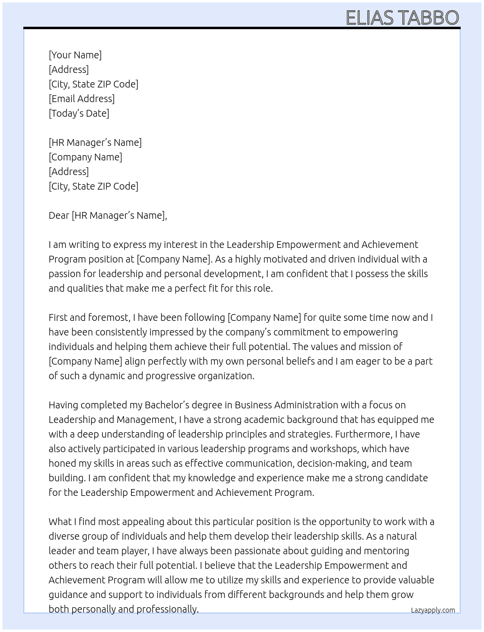 Leadership Empowerment and Achievement Program At hope Cover Letter